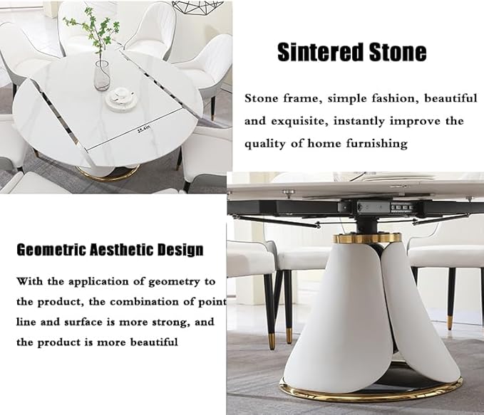 59'' Round Marble Dining Table Set for 6-8, Multi-Functional Retractable Kitchen Table, Dining Room Table Set Petal Pu Leather & Metal Base (1 Table and 6 Blue Chairs)