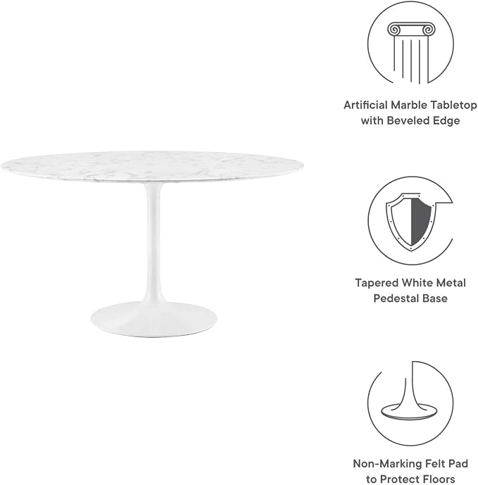 Modway Lippa 47" Mid-Century Dining Table with Round Artificial Marble Top in White
