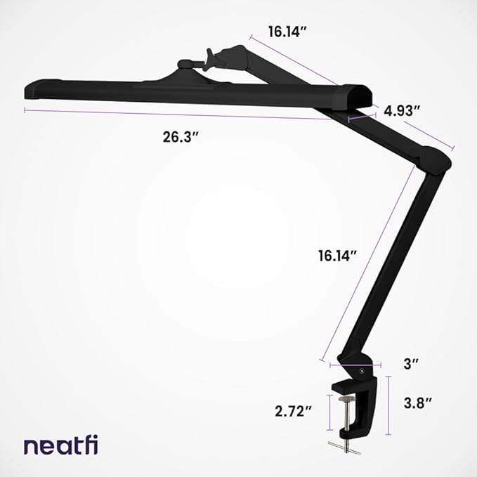 Neatfi LED Desk Lamp, 3,500 Lumens, 3 Light Modes, Dimmable, 45W, 26” Wide Shade, 540 SMD LEDs, Eye-Caring Task Lamp for Reading, Crafting, Workbench, Office (CCT with Clamp, Black)