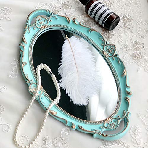 Oval Vintage Decorative Mirror Tray, Jewelry Dresser Organizer Tray, Cosmetics Makeup Storage Organizer, Serving Tray (9.8”x 14.6”) Blue
