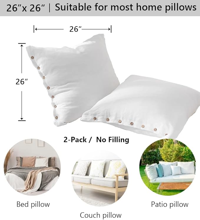 Simple&Opulence 100% Linen Euro Shams with Coconut Button (26'' x 26'') - Pack of 2 - Washed Solid Color Natural Flax Soft Breathable - White