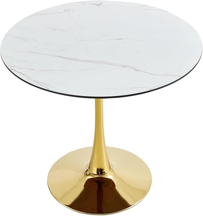 31.5 Inch Round Dining Table for 2-4 Person,Mid-Century White Tulip Table with Faux Printed Marble Tabletop and Gold Metal Base,Pedestal Base Table for Kitchen Dining Room