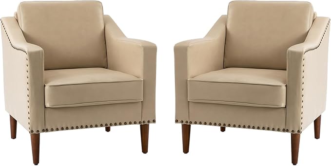 HULALA HOME Faux Leather Accent Armchairs Set of 2 with Back & Seat Cushions, Traditional Club Chairs with Nailhead Trim, Comfy Upholstered Sofa Chairs for Living Room Bedroom, Beige