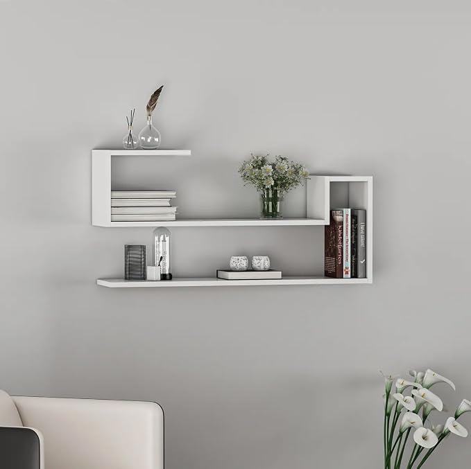 Geometric Wall Shelf: Modern MDF Floating Bookshelf (White)