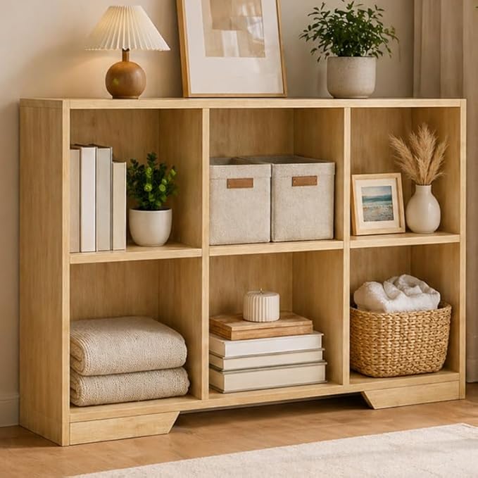 6 Cube Storage Organizer Wooden Bookshelf, Cube Shelf Bookcase, Small Bookshelf Storage Organizer, Narrow Cube Storage Shelf for Bedroom, Small Bookshelf for Living Room and Office (Natural, 6 Cube)
