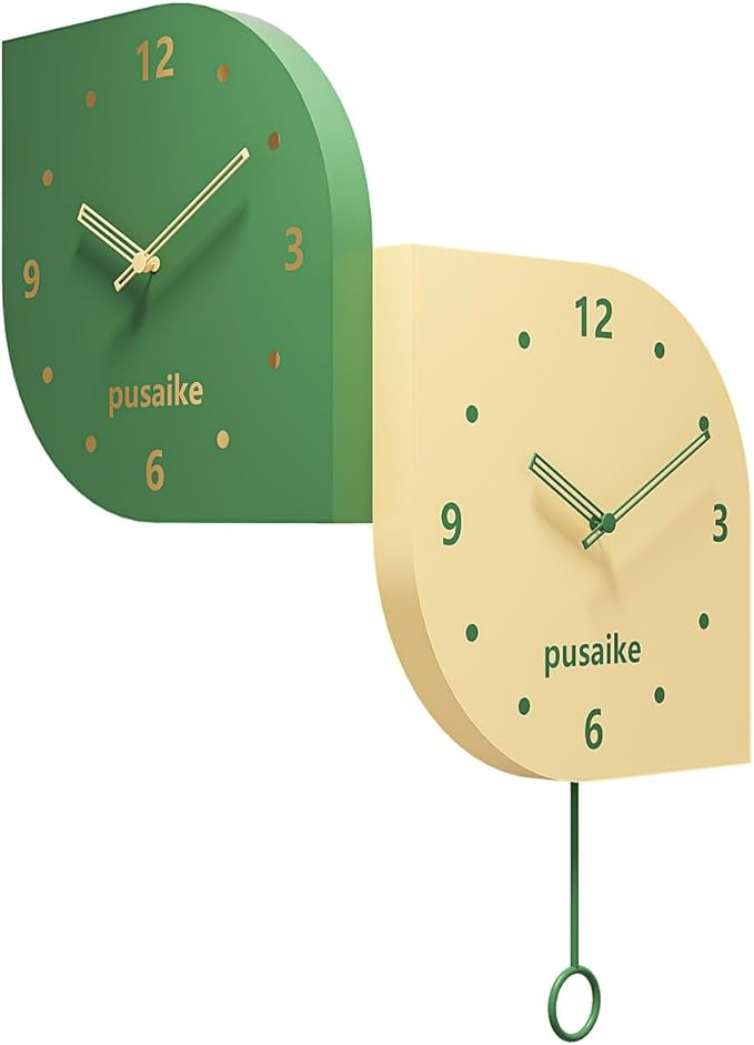 Cute Green Yellow Silent Corner Wall Clock Non Ticking for Living Room, 12 inch Mid Century Modern Decorative Double Sided Clock for Wall Battery Operated, Unique Metal Fancy Clock Wall Decor