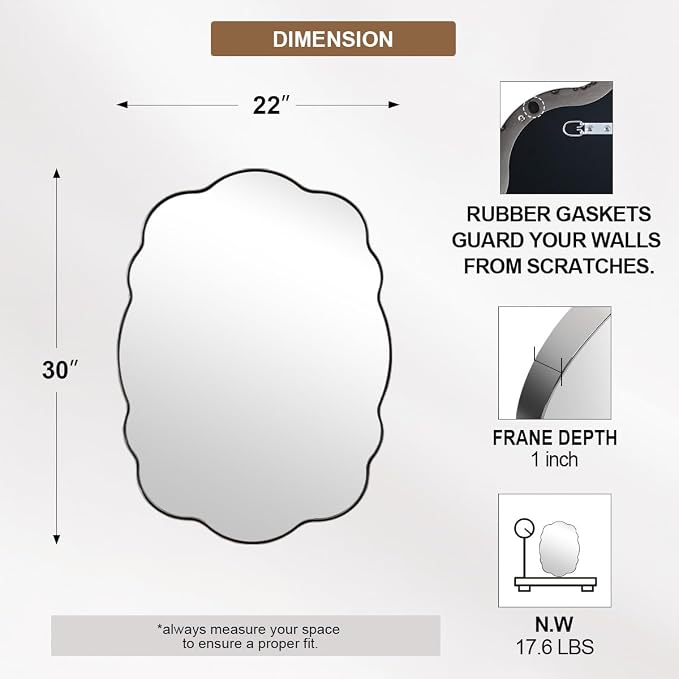 ANDY STAR Chrome Wavy Scalloped Mirror - 22x30 Inch Modern Oval Bathroom Mirror, Unique Irregular Wall Mirror with Heavy Duty SUS Metal Frame
