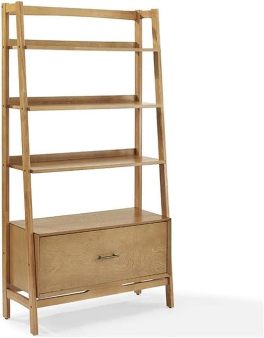 Pemberly Row 38" 4 Shelf Bookcase, Acorn Finish, MDF & Solid Hardwood, Mid-Century Modern Ladder Style, 70.25" H x 15" D, File Drawer & Metal Hardware, Storage for Home Office or Living Room