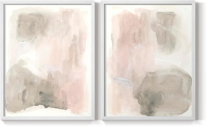 Renditions Gallery Set of 2 Peel & Stick Framed Prints, Watercolor Abstract Wall Art, Nude Color Neutral Aesthetic Wall Decor, Re-Stickable - Ready to Hang - 22"x28" - White Frame LT588