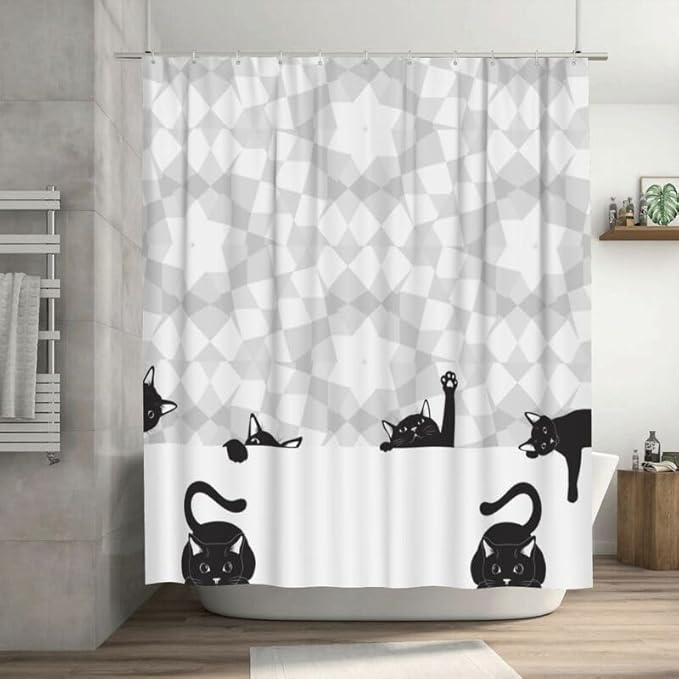 Cats Shower Curtains Gray White Mosaic Black Background Funny Cat Pattern Duty Fabric Shower Curtain Set Bathroom Polyester Waterproof with 12 Hooks, 66x72Inch（168x183cm）