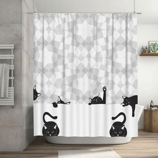 Cats Shower Curtains Gray White Mosaic Black Background Funny Cat Pattern Duty Fabric Shower Curtain Set Bathroom Polyester Waterproof with 12 Hooks, 66x72Inch（168x183cm）
