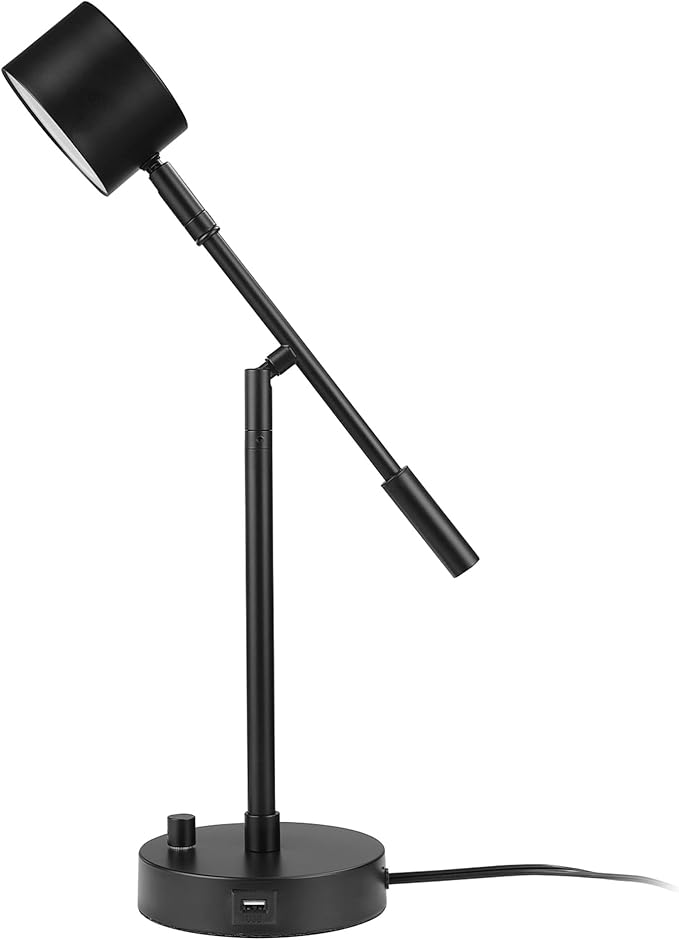 Globe Electric 52271 Aristocrat 16" Integrated LED Swing Arm Desk Lamp, Matte Black, Dimmable On/Off Rotary Switch at Base, 2.1A USB Port