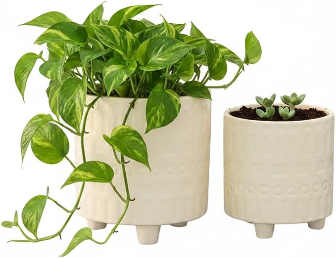 Urban Trends Ceramic Planter Set of 2 with Tripod Stand, Cream Gloss Pots with Debossed Contrasting Shapes Pattern, Decorative Plant Pots for Indoor Plants, Succulents, Shelf, Table Decor