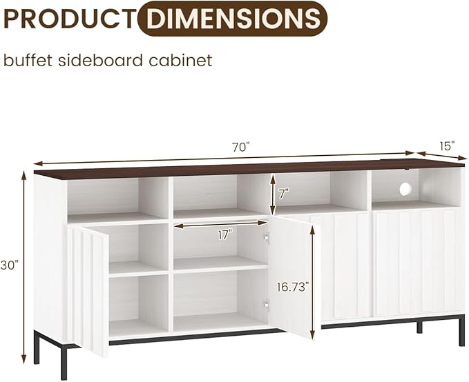 COCO DESIGN 70" Buffet Sideboard Cabinet with Fluted Panel Doors, Large Credenza Console with Power Outlet & Adjustable Shelves, Modern Storage Cabinet for Kitchen & Living Room, White