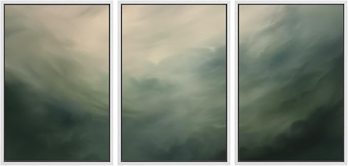 SIGNWIN Framed Canvas Print Wall Art Set Green Abstract Cloudy Landscape Illustrations Modern Art Decorative Boho Relax/Zen Nordic for Living Room, Bedroom, Office - 16"x24"x3 White