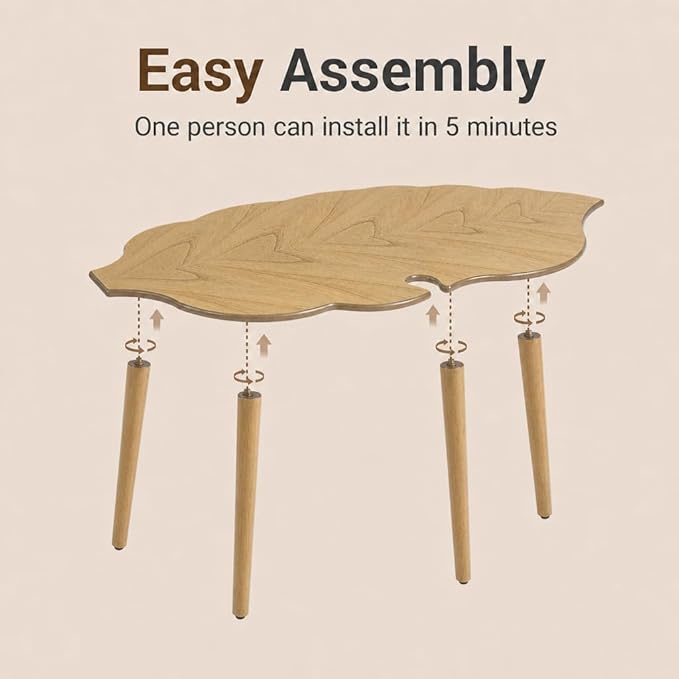 DUOMAY Mid-Century Modern Small Coffee Table, Solid Leaf-Shaped Wood Coffee Table for Living Room, Easy Assembly Center Table End Table with Wood Leg, Side Table for Bedroom Small Space, Natural