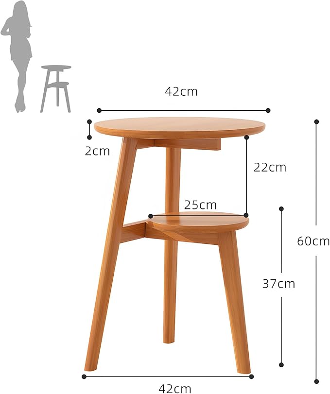 Side Table, Small Round End Table with 2-Tier Shelf, Solid Wood Nightstand for Small Spaces, Mid Century Modern Accent Table for Living Room Bedroom, Natural
