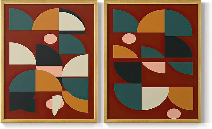 Renditions Gallery Set of 2 Peel & Stick Framed Prints, Mid Century Abstract Wall Art, Modern Geometric Shapes Wall Decor, Re-Stickable - Ready to Hang - 8"x10" - GOLD Frame LT588