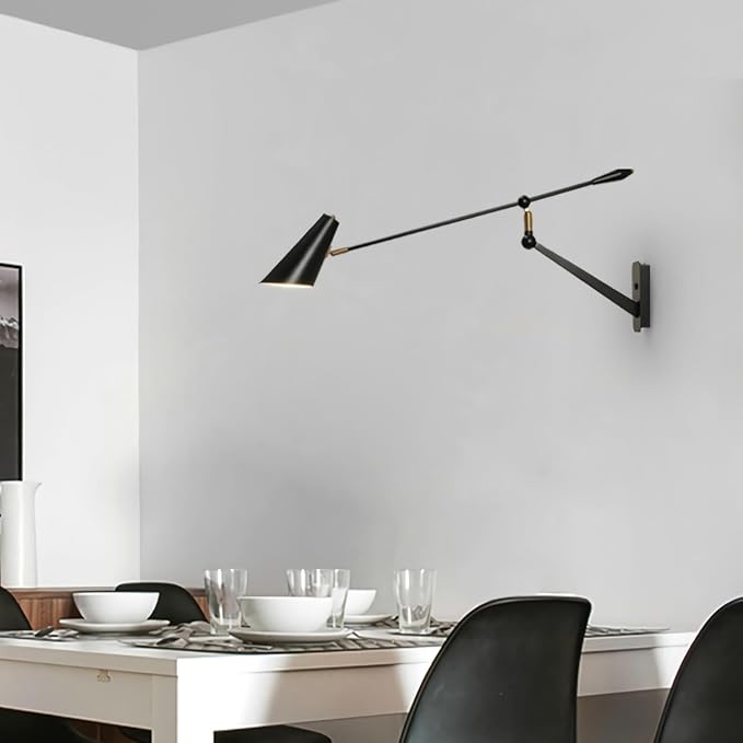 Adjustable Directional Plug in wall Light Swing arm, Unique Long Pole wall Lamps for Living Room Sofa Background Wall, Movable Retro Style Dining Table Large wall Mount lamp, E26 Base