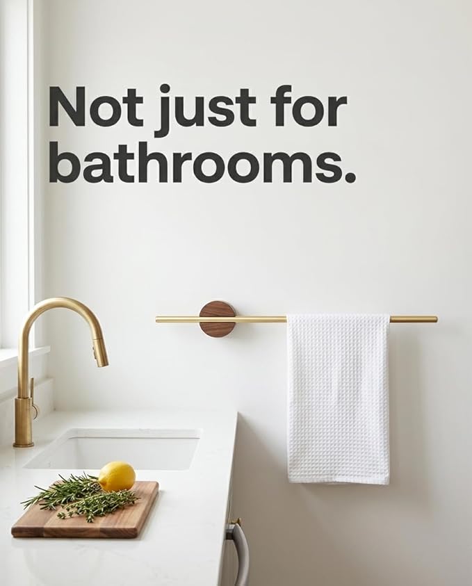 Towel Bar for Bathroom Wall, Towel Holder 20 Inch, Gold Aluminium, No Drill Adhesive or Screw Mount, Modern Minimalist Towel Rack, Kitchen & Bathroom, Wall Mounted, Wood-Look Base