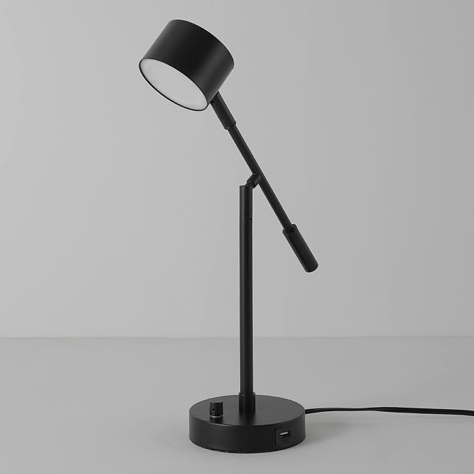 Globe Electric 52271 Aristocrat 16" Integrated LED Swing Arm Desk Lamp, Matte Black, Dimmable On/Off Rotary Switch at Base, 2.1A USB Port