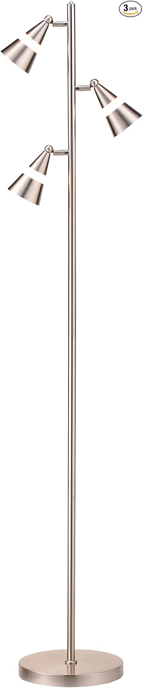 O’Bright Ash - 3-Light LED Tree Floor Lamp, Dimmable 3-Head LED, Multidirectional Standing lamp, Adjustable Multi-Shade, Swivel Cone Floor Lamp for Living Room, Bedroom, Brushed Nickel