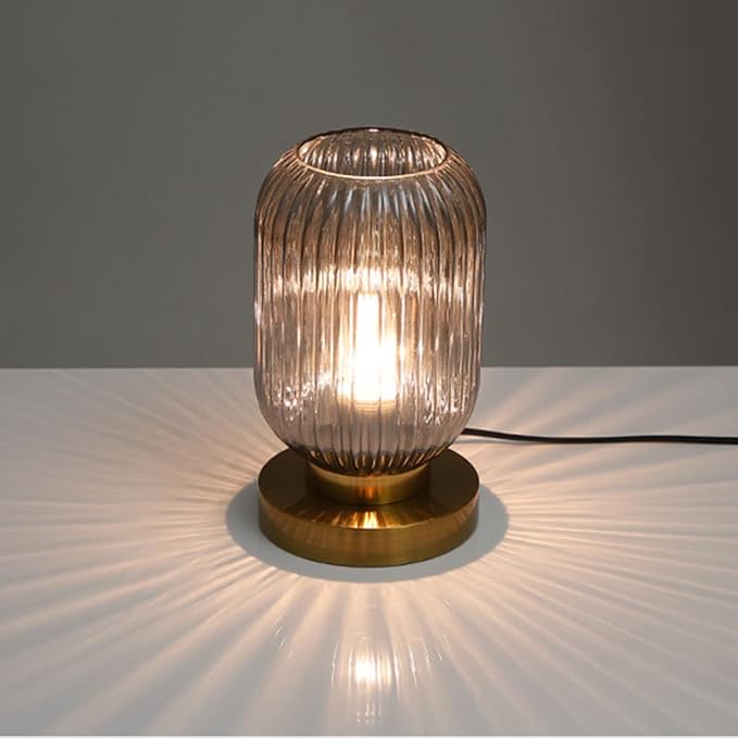 Mid Century Modern Globe Table Lamp Grey Glass Table Lamp Vintage Bedside Lamp Gold Desk Lamp Ribbed Design Shade Small Side Table Lamps Table Light for Bedroom Living Room Office