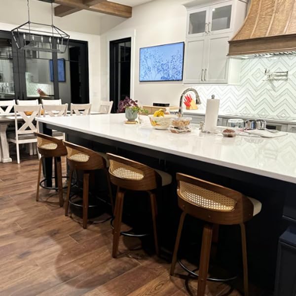30" Swivel Rattan Bar Stools,Mid-Century Modern Beige Linen Fabric Upholstered Counter Height Stools,Kitchen Island Barstools with Rattan Low Backrest,Walnut Wood Finish Bar Chair,1PCS
