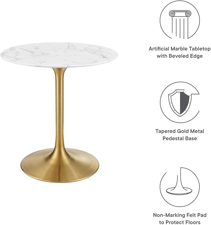 Modway Lippa 28" Mid-Century Modern Dining Table with Round Top in Gold White