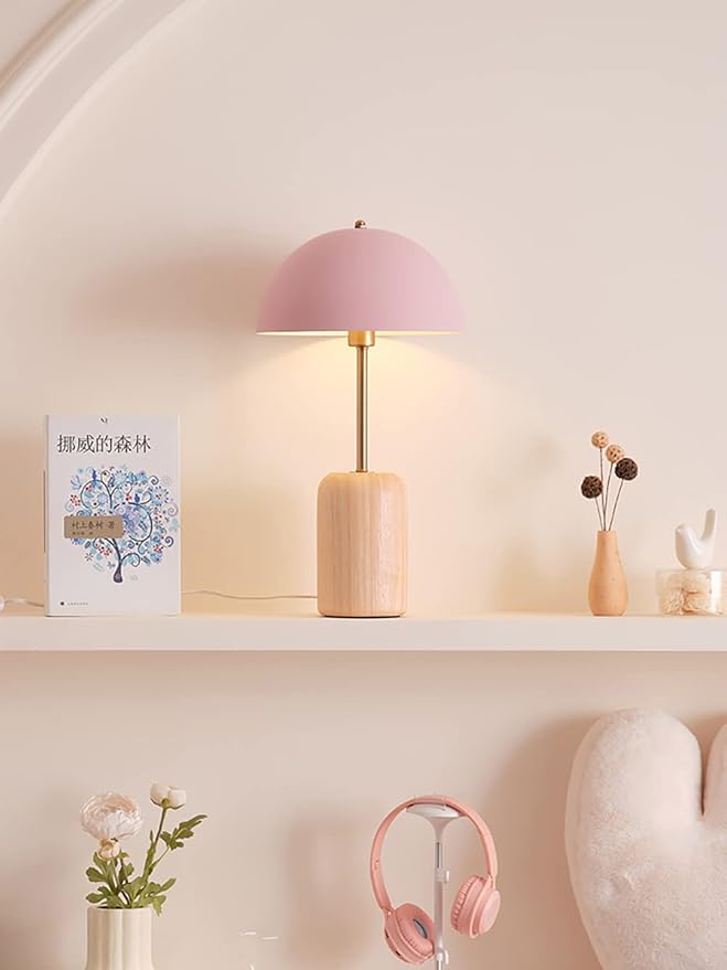 Pink Desk Lamp for Girls Room Modern Mushroom Table Lamp Mushroom Desk Lamp Retro Mid Century Table Lamp with Dome Shade Nordic Minimalist Beside Reading Lamp for Bedroom Study Office