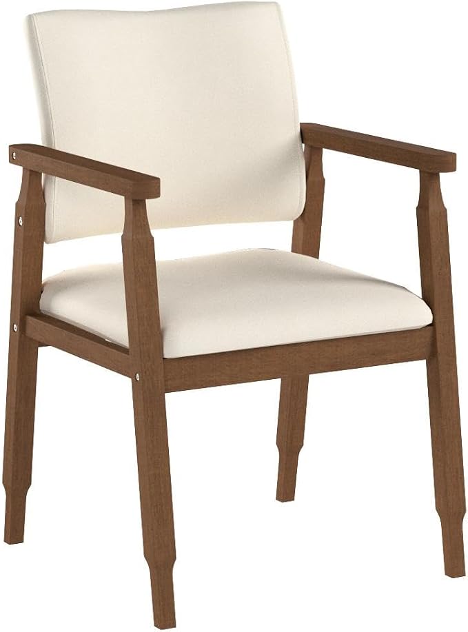 Mid Century Modern Walnut Dining Chairs Wood Arm Beige Fabric Kitchen Cafe Living Room Decor Furniture