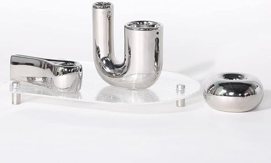 Silver Candlestick Holders, Decorative Taper Candle Holder Set Decor for Table Centerpiece Fireplace, Modern Silver Candle Holders Set, Aesthetic Ceramic Candle Stick Holder