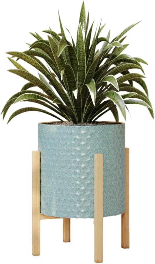 EverNest Mid-Century Modern Rhys Honeycomb Embossed Planter Pot with Kinsley Wood Stand, Metal Indoor Plant Pots, Blue Green Bohemian Style (Large 3 Gallon)
