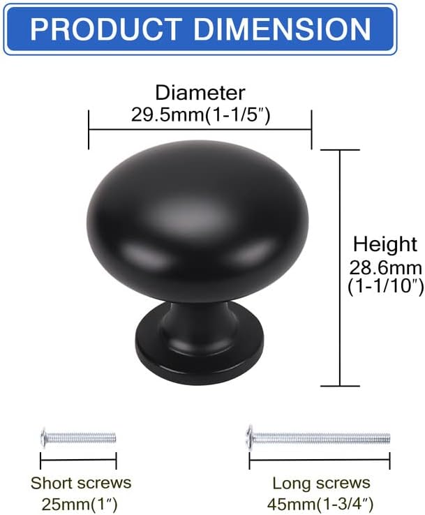 100 Pack Black Cabinet Knobs,Matte Black Drawer Knobs Dresser Knobs,Solid Round Kitchen Cabinet Pulls for Dresser Drawers,1-3/16 Inch(29.5mm) Drawer Pulls