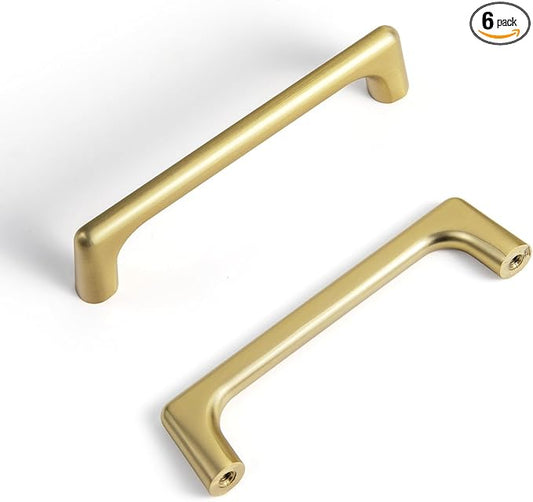 Goo-Ki Brushed Brass Cabinet Pulls with 4'' Hole Centers, Modern Style Zinc Alloy Cabinet Handles for Dresser,Wardrobe,Cupboard- 6 Pack