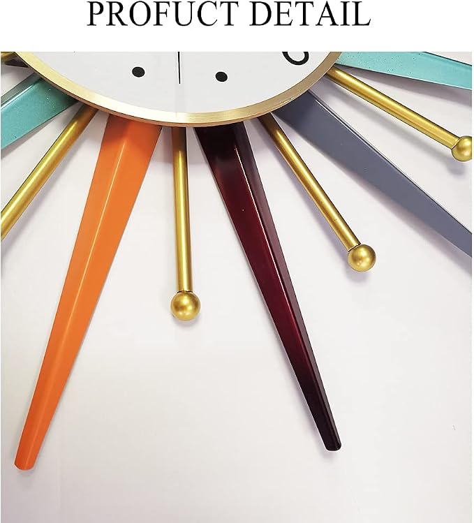Large Wall Clock 27.5 Inch Modern Wall Clock Starburst Mid-Century Modern Decor Non-Ticking Battery Operated Colorful Clock Home Decorations for Living Room Bedroom Kitchen Office