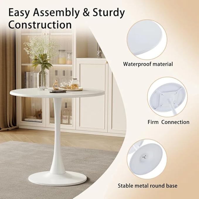 31.5" Mid-Century Round Dining Table for Outdoor, Tulip Table Metal Kitchen Dining Table for 2-4 People with Pedestal Base Leisure Coffee Table Office Living Room Small Space, White