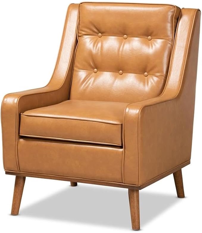 BOWERY HILL Lounge Armchair, Tan Faux Leather Upholstery, Walnut Brown Finished Wood, Button-Tufted Backrest, Removable Seat Cushion, Mid-Century Style, 37.2" H x 27.6" W x 34.1" D Accent Chair for