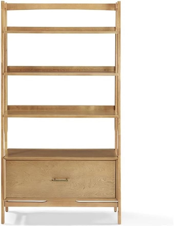 Allora 38" 4 Shelf Ladder Bookshelf, Acorn Finish, MDF and Solid Hardwood, Mid-Century Modern Style, 70.25" H x 38" W x 15" D, with Drawer and Full Extension Glides, Home or Office Storage Solution