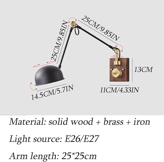 Retro Bedside Wall Lamp, E27 Swing Arm Wall Sconce Lighting Industrial Adjustable Antique Wooden Brass Wall Light Fixture, Metal Lampshade, for Bedroom Sofa