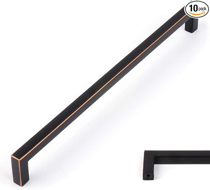 KOOFIZO Solid Square Bar Cabinet Handle - Oil Rubbed Bronze Furniture Pull, 10 Inch/256mm Screwhole Distance, 10-Pack for Kitchen Cupboard Door, Bedroom Dresser Drawer, Bathroom Hardware