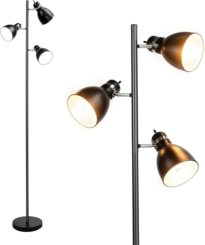 FIRVRE Modern Reading Floor Lamp, Industrial 3-Light Standing Lamp, Black Adjustable Rotation Heads, Modern Multi Head Reading Floor Lights, E26 Base