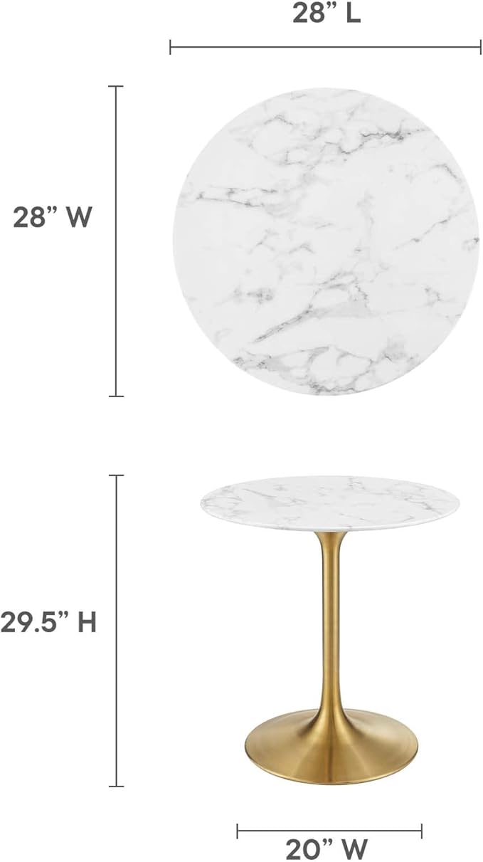 Modway Lippa 28" Mid-Century Modern Dining Table with Round Top in Gold White