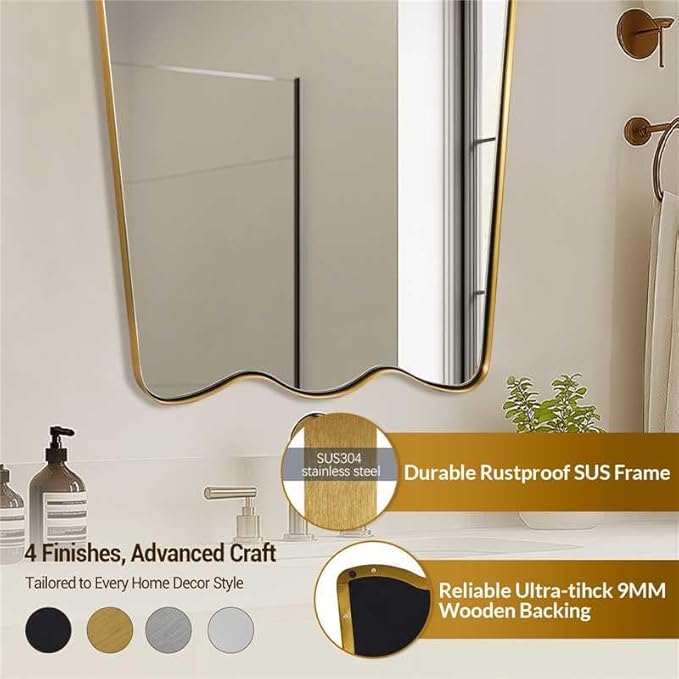ANDY STAR 24x36 Inch Brushed Gold Scalloped Mirror, Antique Brass Irregular Bathroom Mirror -Butterfly Shape Asymmetrical Mirror for Powder Room