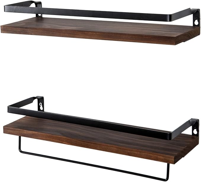 Floating Shelves for Wall, Bathroom Shelves with Towel Bar, Wall Mounted Storage Shelves for Kitchen, Bathroom, Set of 2 Brown