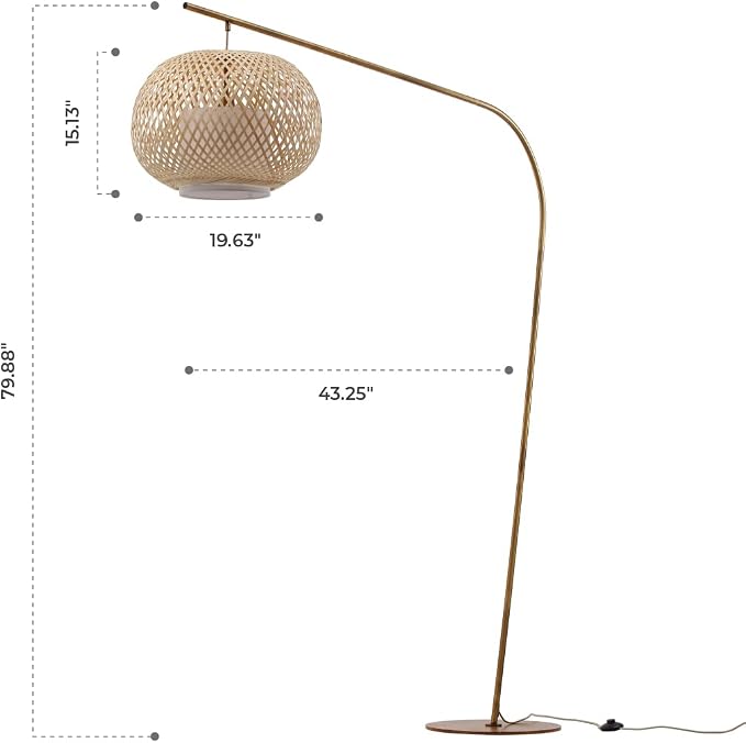 FOS - Modern Bohemian Chic Arch Floor Lamp with Woven Bamboo + Linen Shade - Brushed Brass Finish, Ambient Home Lighting in Living Room, Bedroom, Study, Nursery