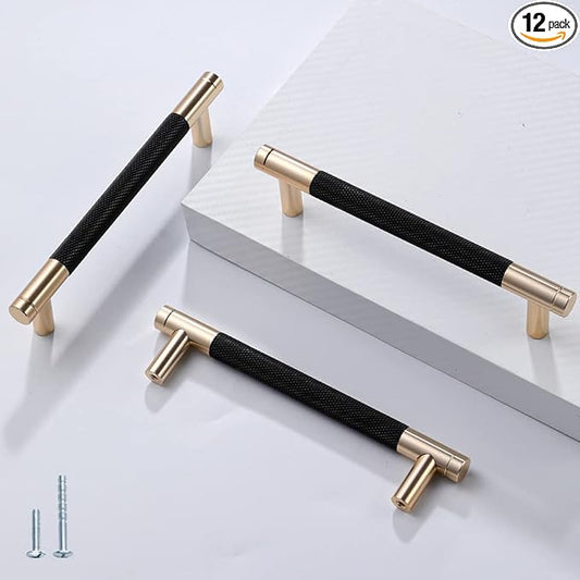 12 Pack 5 Inch 128 mm Barrel Cabinet Pulls Gold and Black Cupboard Aluminum Handles Drawer Pull Cabinet Handles