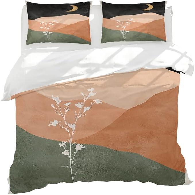 Modern Abstract Mid Century Duvet Cover Queen Size,Burn Orange Boho Bedding Set 3 Pcs Bohemian Sun Moon Art Duvet Cover Sets for Shabby Chic Home Soft Comforter Cover Set with 2 Pillowcase