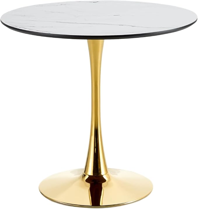 31.5 Inch Round Dining Table for 2-4 Person,Mid-Century White Tulip Table with Faux Printed Marble Tabletop and Gold Metal Base,Pedestal Base Table for Kitchen Dining Room