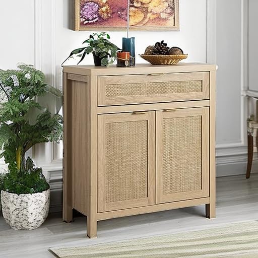SICOTAS Sideboard Buffet Storage Cabinet, Rattan Accent Cabinet with Doors and Drawer, Boho Credenzas Buffet Table Console Coffee Bar Cabinets for Entryway Living Room, Natural